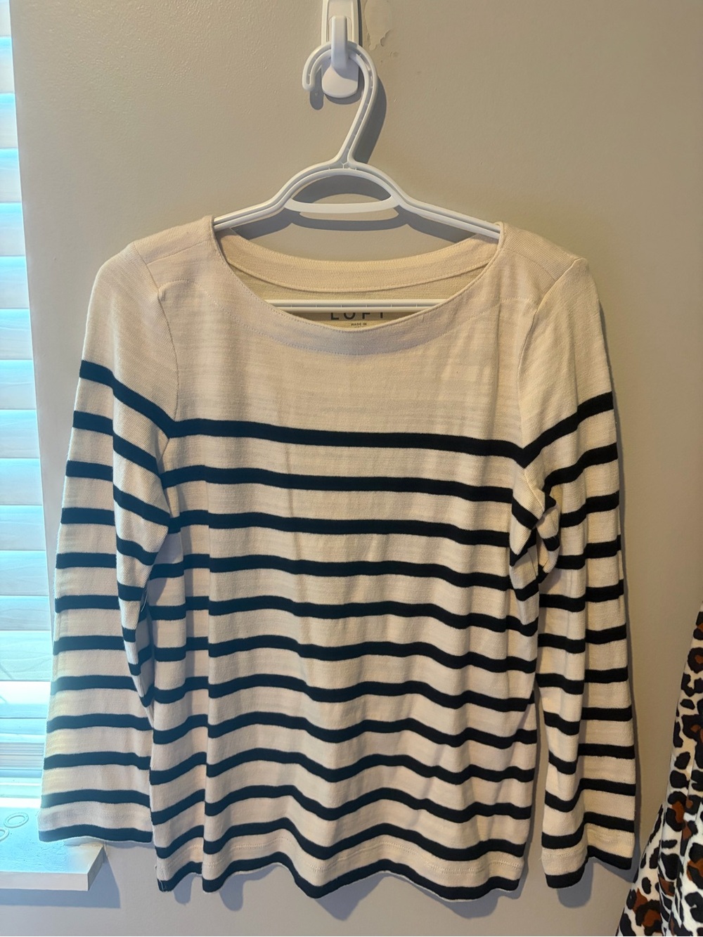 LOFT Cream and Black Striped Crewneck Sweater